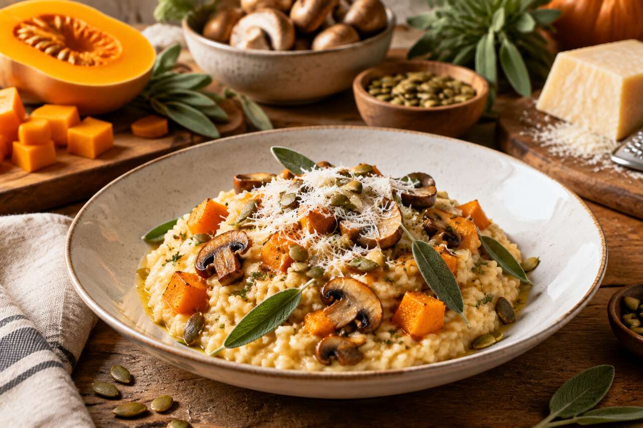 Risotto à la courge rôtie et champignons : recette gourmande d'automne