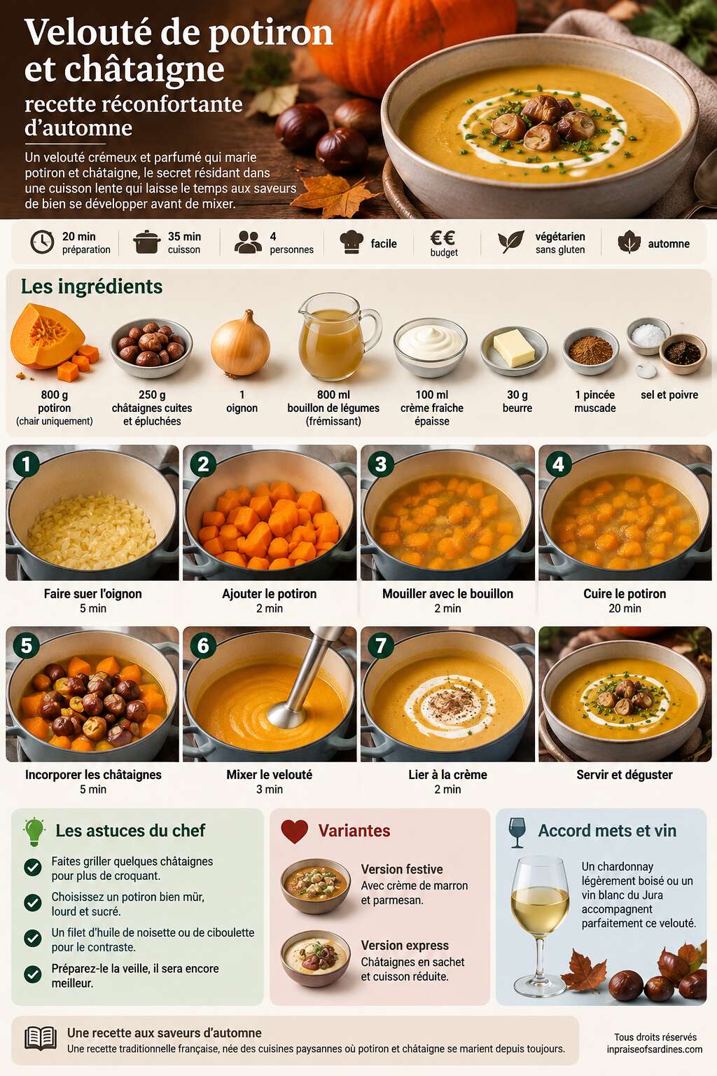 Fiche recette Velouté de potiron et châtaigne : recette réconfortante d'automne Fiche recette Velouté de potiron et châtaigne : recette réconfortante d'automne