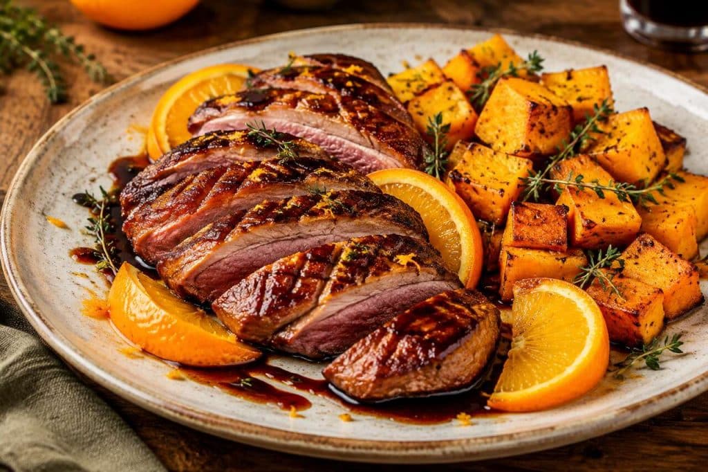 Aiguillettes de canard à l'orange balsamique et courge rôtie