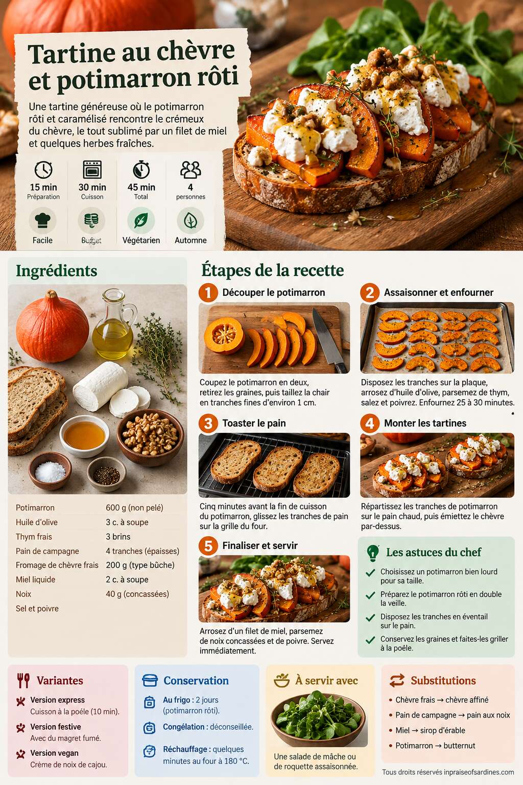 Fiche recette Tartine au chèvre et potimarron rôti Fiche recette Tartine au chèvre et potimarron rôti