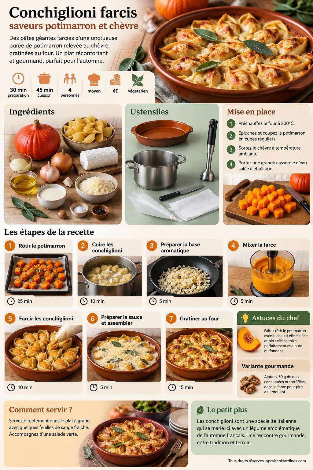 Fiche recette Conchiglioni farcis : saveurs potimarron et ch&egrave;vre
