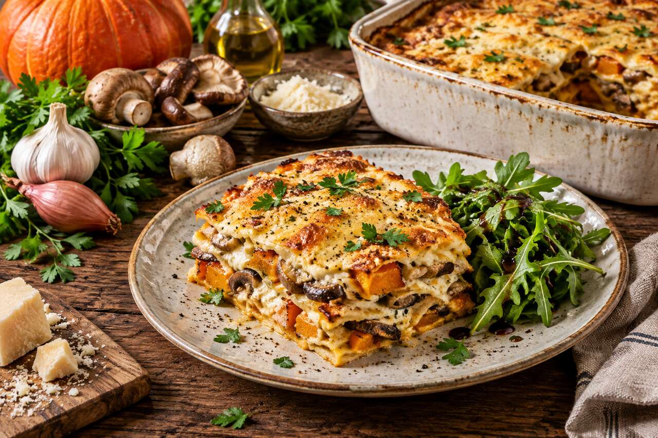 Lasagnes végétariennes aux champignons et potiron : recette savoureuse