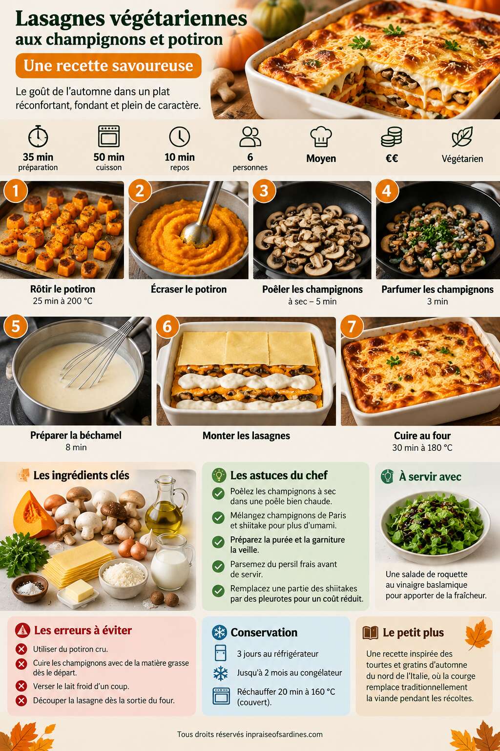 Fiche recette Lasagnes végétariennes aux champignons et potiron : recette savoureuse Fiche recette Lasagnes végétariennes aux champignons et potiron : recette savoureuse