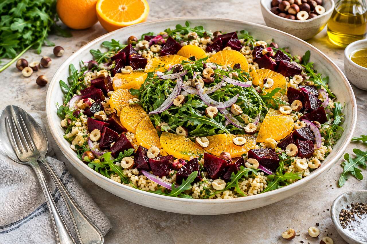 Salade de betterave rouge, céréales et orange : recette fraîche et colorée