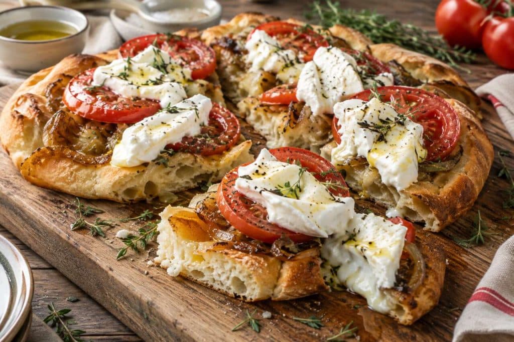 Recette de fougasse aux oignons, burrata et tomate