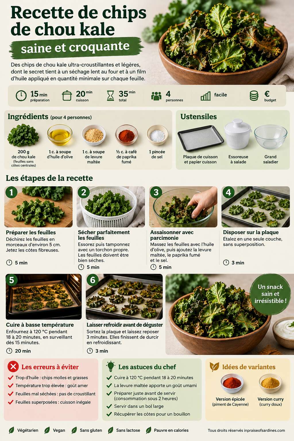 Fiche recette Recette de chips de chou kale : saine et croquante Fiche recette Recette de chips de chou kale : saine et croquante